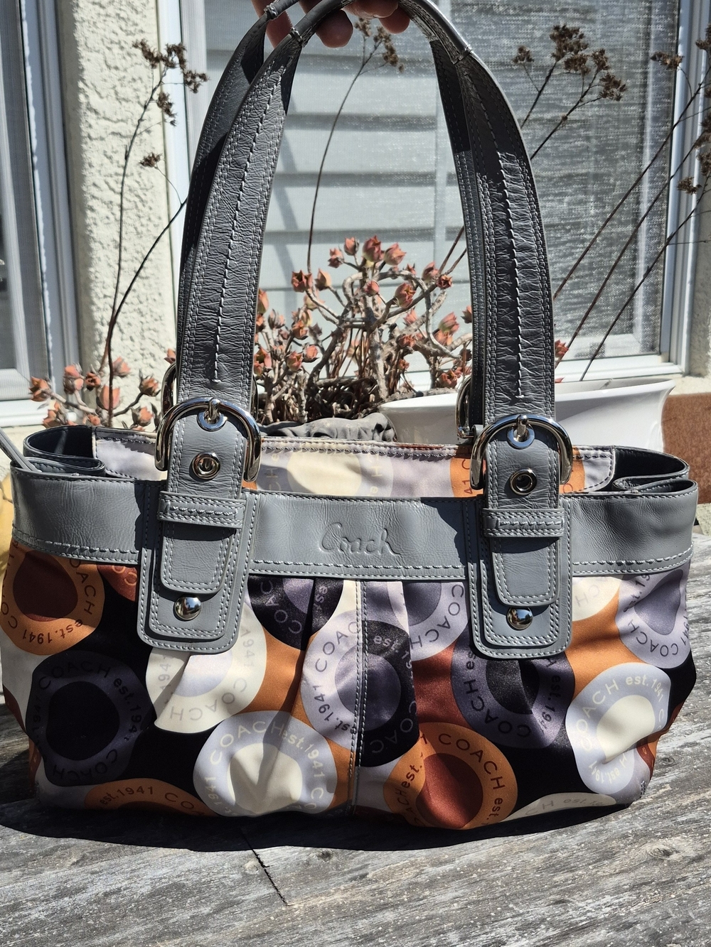 Coach Multicolor Signature Circle Tote Bag - Gray Trim